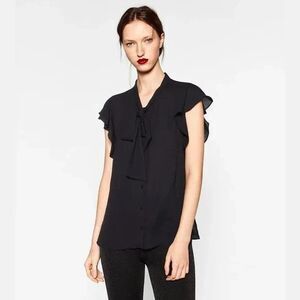 Zara Womens black chiffon Short Sleeve Button Front Tie Neck blouse Size XS